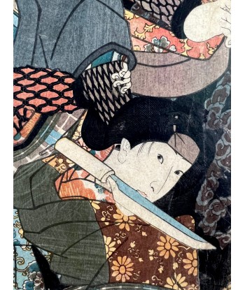 Estampe Japonaise Encadrée de Kunisada | Histoire du Samouraï Saito Kuranokuke solde