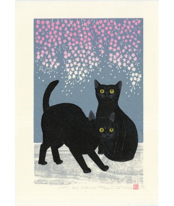 Estampe Japonaise de Nishida Tadashige | Chat Noir et Sakura de France