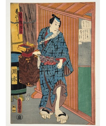 Estampe Japonaise de Kunisada | Scène de Kabuki, Le coiffeur Saizô livraison gratuite