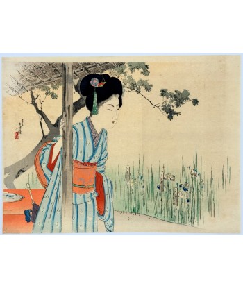 Estampe Japonaise Kuchi-e de Toshikata Mizuno | Jeune femme dans un jardin d'iris Amélioration de cerveau avec