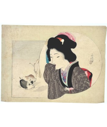 Estampe Japonaise de Tomioka Eisen | Femme et chiots s'amusant shop