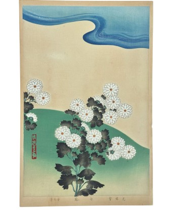 Estampe Japonaise Ecole Rinpa | Chrysanthèmes et vague bleue en stock