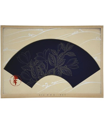 Estampe Japonaise Ecole Rinpa | Fleurs de magnolia sur forme d'éventail bleu nuit Pour