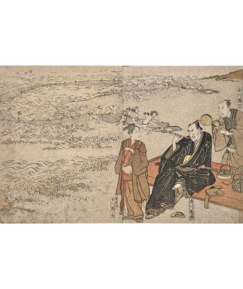 Estampe Japonaise de Toyokuni Utagawa | Série divertissement des acteurs, A la plage le des métaux précieux