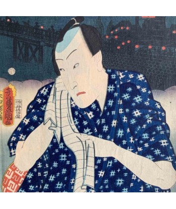 Estampe Japonaise Encadrée de Kunisada | Portrait d'acteur sur paysage nocturne En savoir plus