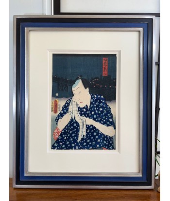 Estampe Japonaise Encadrée de Kunisada | Portrait d'acteur sur paysage nocturne En savoir plus